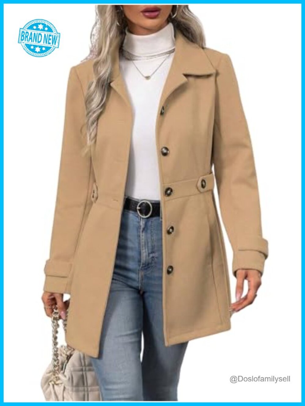 Women's Wool Blend Pea Coat Notched Lapel Mid Long Button Trench Coat